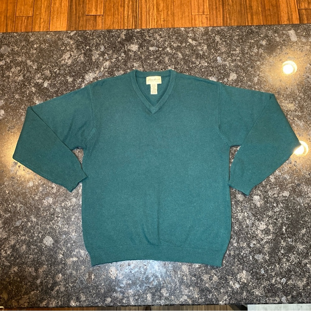 Vintage Eddie Bauer Sweater Green Wool V-Neck Men Small Preppy Vtg